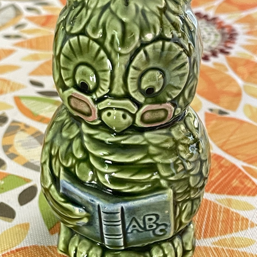 Green Owl salt shaker with Book, vintage 70s